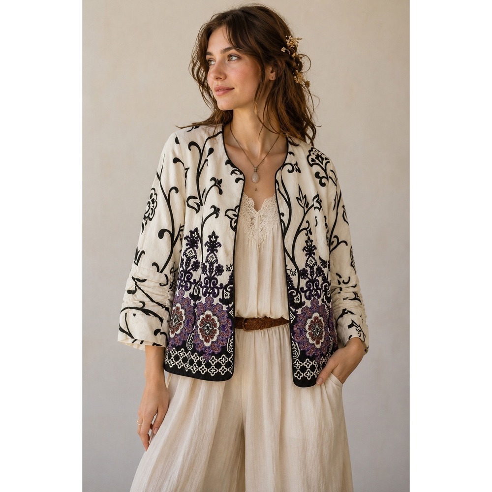 Cottagecore Floral Damask Ornamental Jacket Festival Cotton Vtg Inspired Size 8